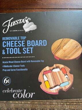 Fiesta Acacia Wood Cheese Board & Multicolor Tool Set - Red, Yellow, Blue, Pink